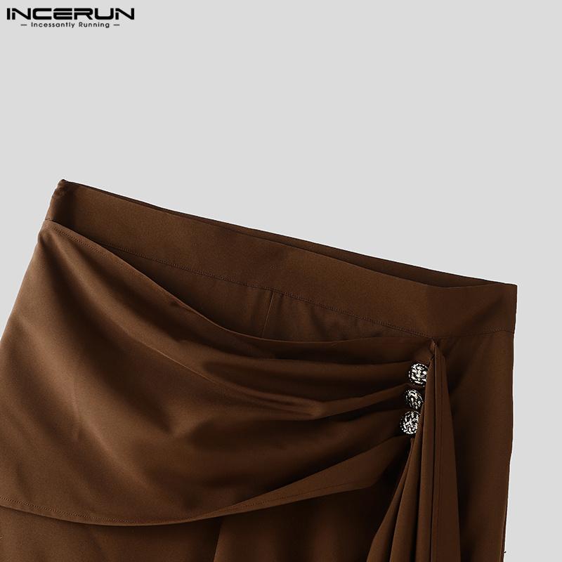 INCERUN Pánské jarní zapínací kalhoty s vysokým pasem, s obmotávacím páskem, patchworkové, ležérní, dlouhé