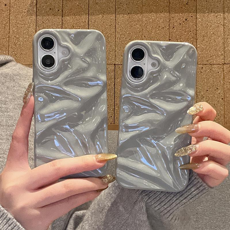 Simple Fashion Glossy Grey 3D Folds Texture Case For iPhone 16 Pro Max 15 13 12 11 14 Plus Shockproof TPU Phone Cover