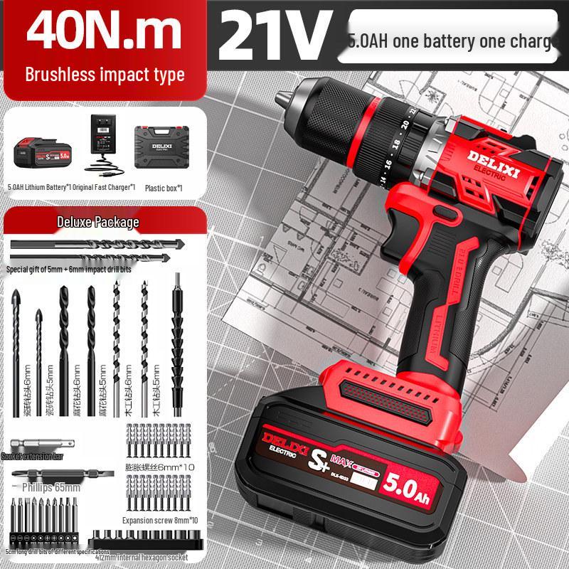 Delixi Brushless Rechargeable Lithium Impact Drill & Screwdriver: Multifunctional Handheld Electric Pistol Drill for Household Use