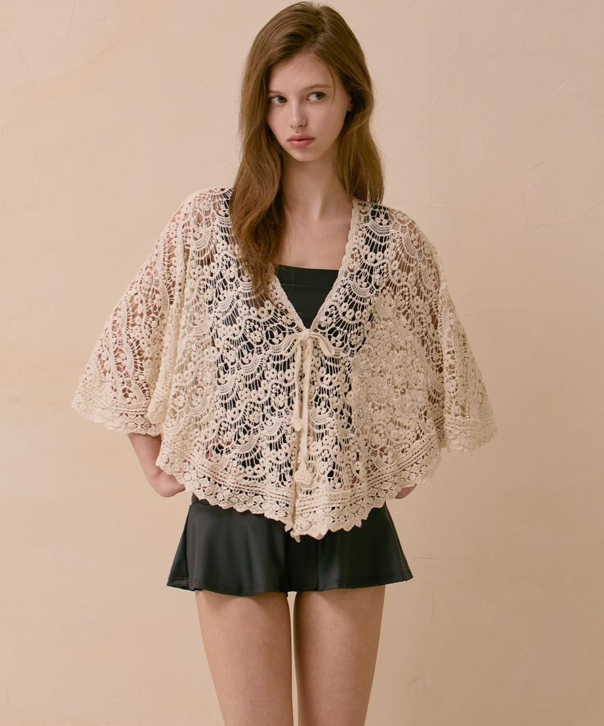 VIKINI VENDER Roa Scallop Crochet Cape Cover-Up - Beige
