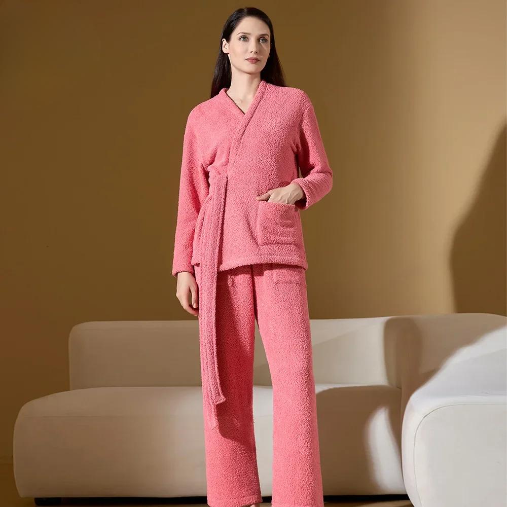 Neuer Halb-Samt-Pyjama Damen Winter Verdickt Fleecegefüttert Korallensamt Hauskleidung Plüschanzug