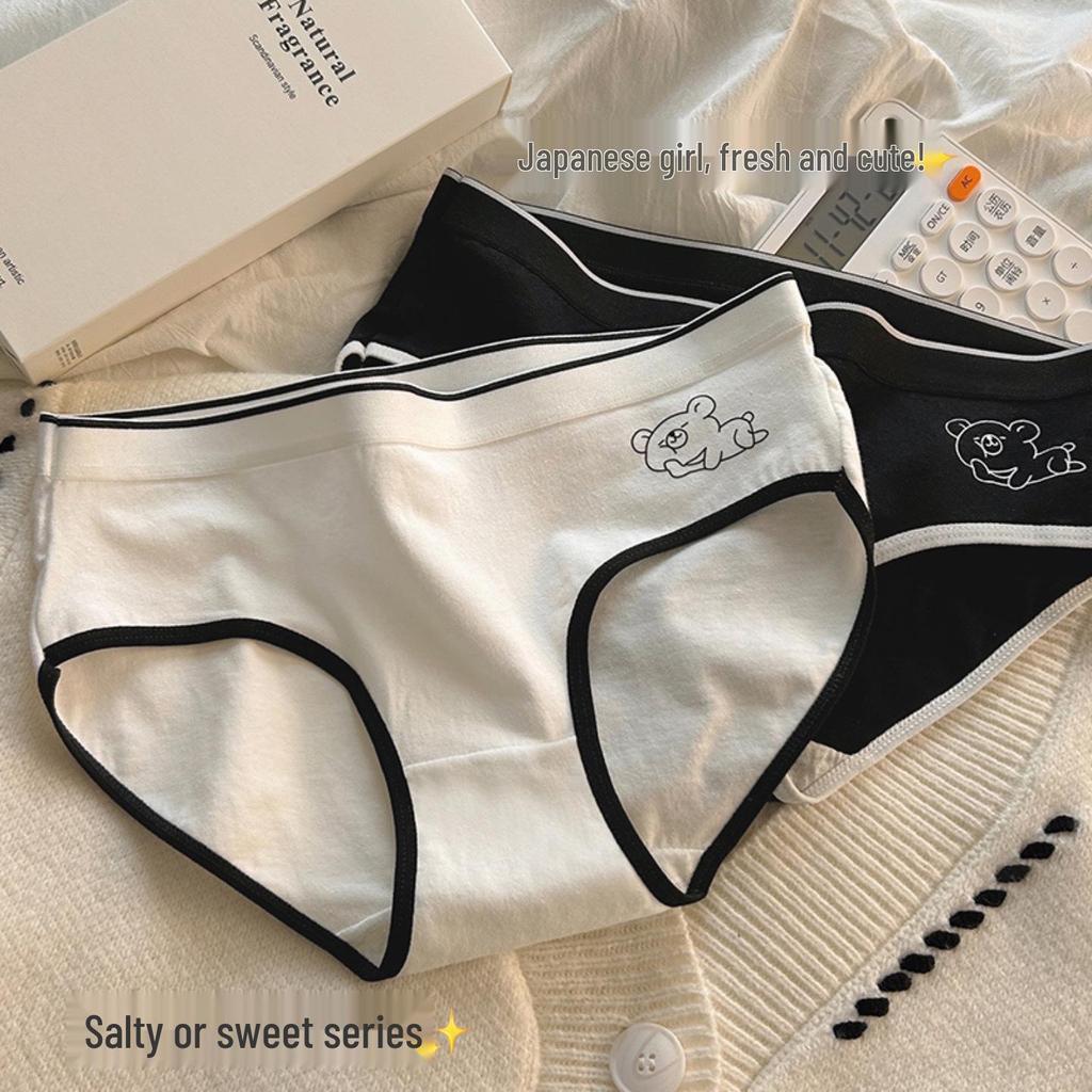 Women's Little Bear Print Cotton Mid-Waist Breathable Japanese Style Soft Triangle Briefs