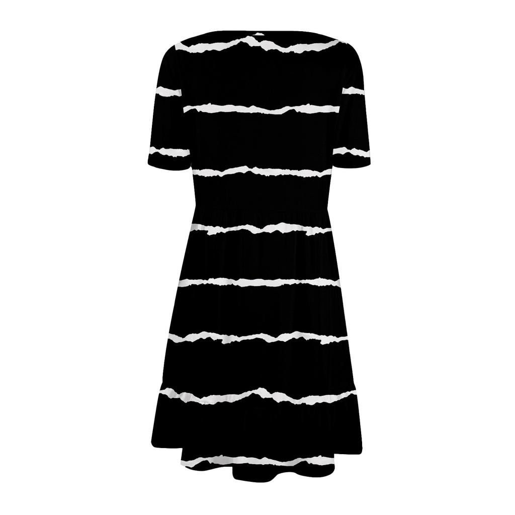 Dámské ležérní šaty s kulatým výstřihem a krátkým rukávem, volný pas, plisované šaty, plisované šaty v pase