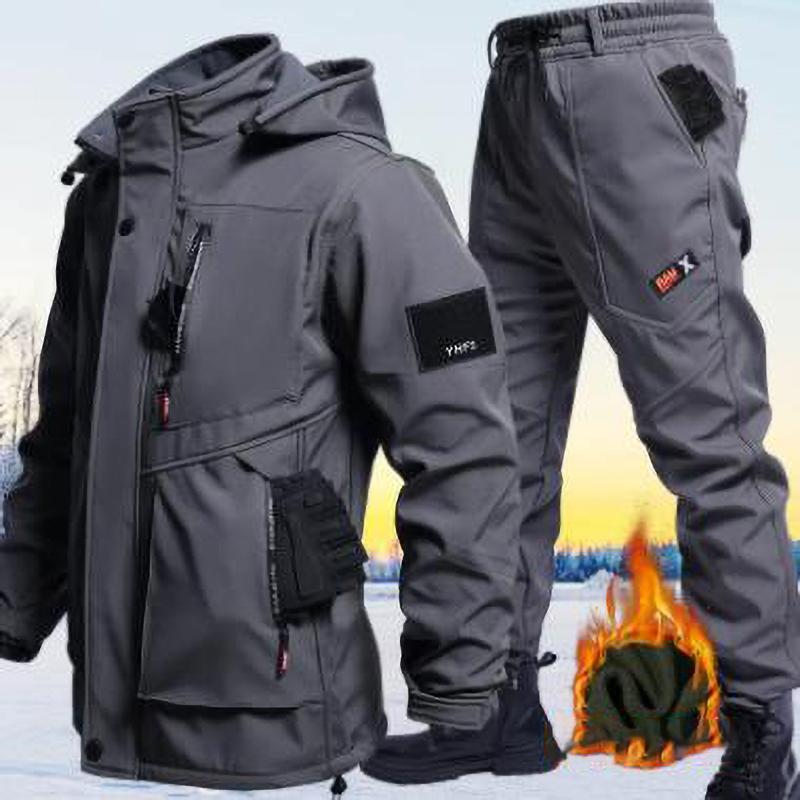 Conjunto de Veludo com Capuz Cor Sólida Outono Inverno Fato de Proteção para Trabalho ao Ar Livre Casual Montanhismo Fato de Trabalho