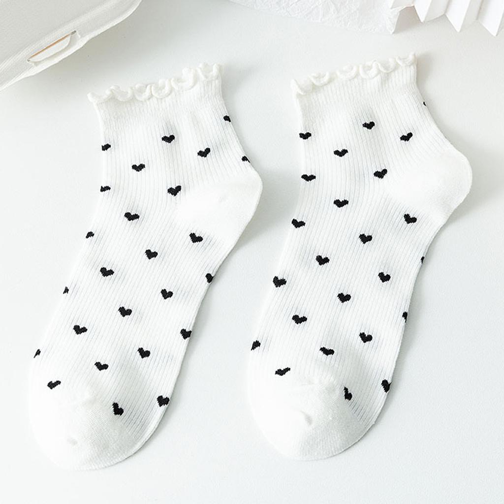 5 Paar Niedliche Socken für Damen mit Liebesherz-Print, Japanische Schlichtheit, Elegante Damen-Kurzsocken, Weich, Atmungsaktiv