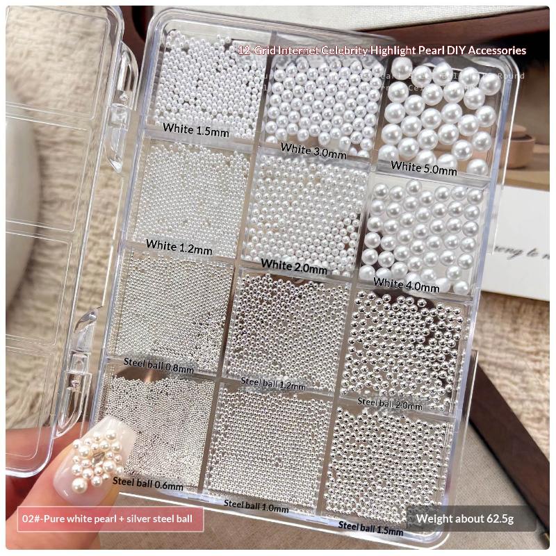 12 Grids Mixed Pearl Nail Art Decorations Flat Bottom Nail Charms 3D Diy Nail Art Rhinestones Manicure Accessory
