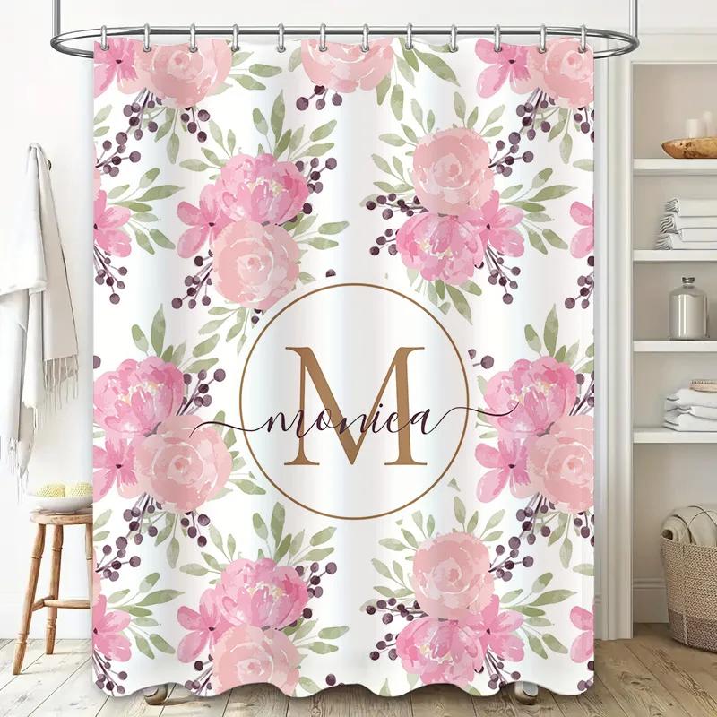 Stylish Bath Shower Curtain Pink with Silver Metal Hook Rings for Bathroom Decorations Waterproof Fabric Bathtub Surrounding Hig