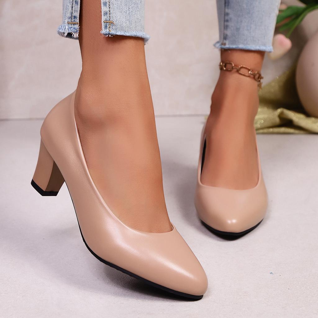 Fashion Women Pumps Shoes PU Leather Shallow Slip-On Round Toe Chunky High Heels Shoes Spring Autumn Casual Solid Work Heels for Women