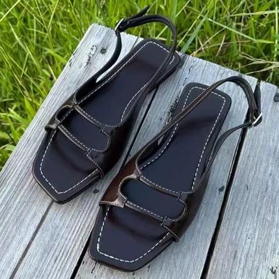 Fashion Retro Square Toe Buckle Flat Sandals Women Fashion Sewing Slingback Brand Designer Shoes Summer Non-slip Roman Style Beach Shoes