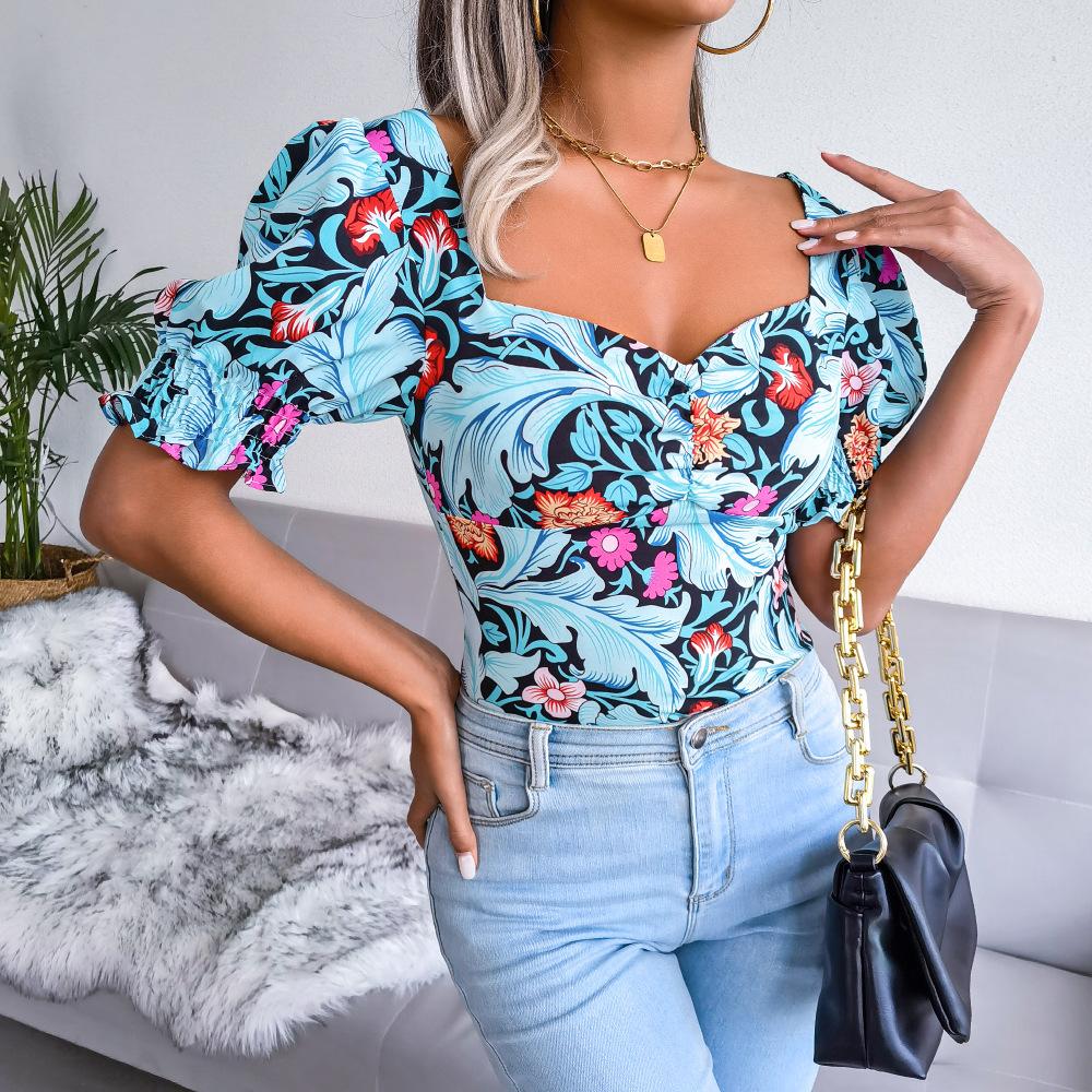 Women Sexy Backless Square Collar Floral Chiffon Blouse Top Lantern Short Sleeve Shirt Spring Summer Red Blue Black S M L XL