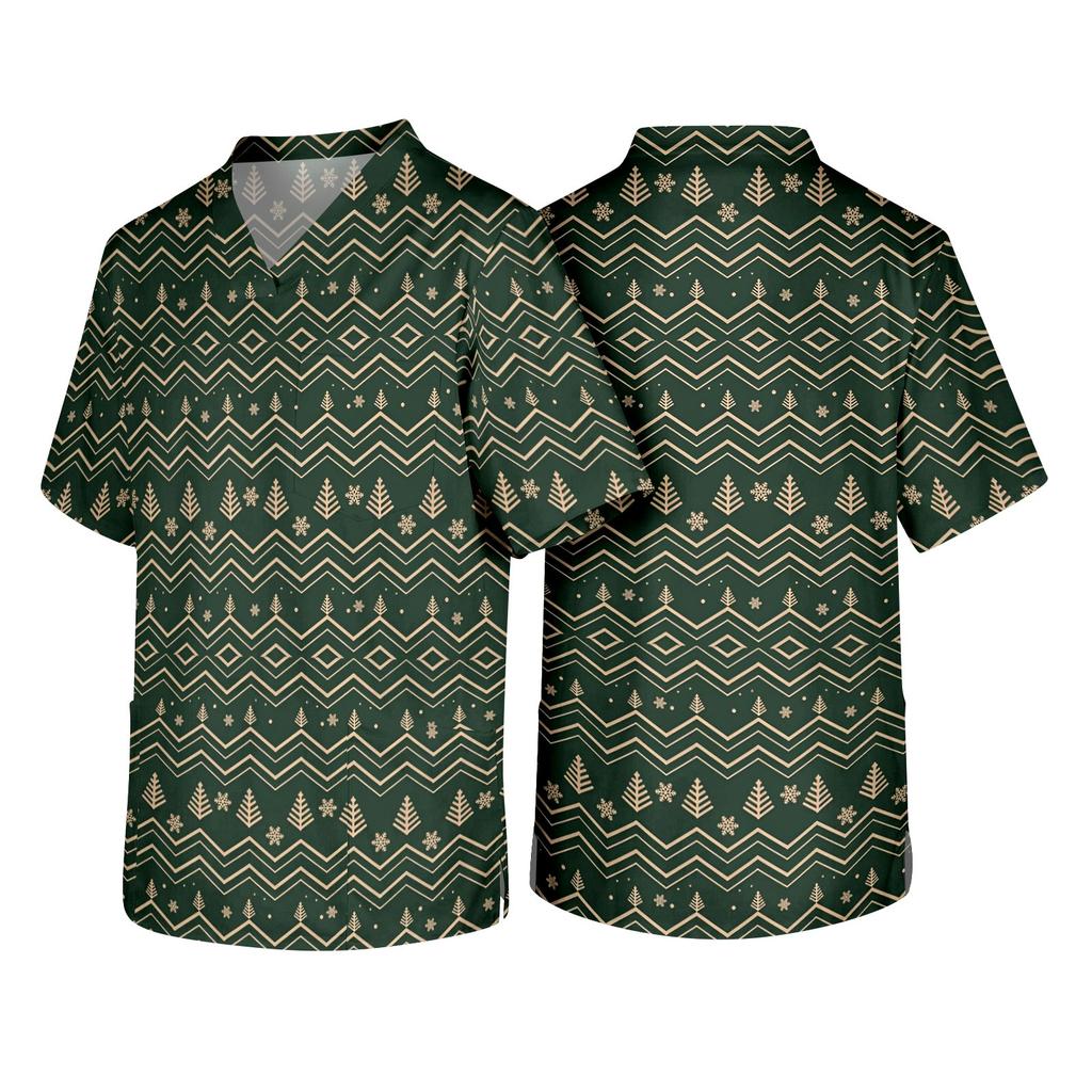 Men's Christmas Theme Caregiver Uniform, Holiday Scrub Top for Nurses and Workers