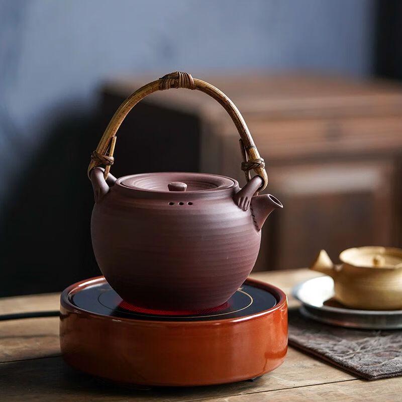 Yixing Purple Clay Rattan Handle Teapot