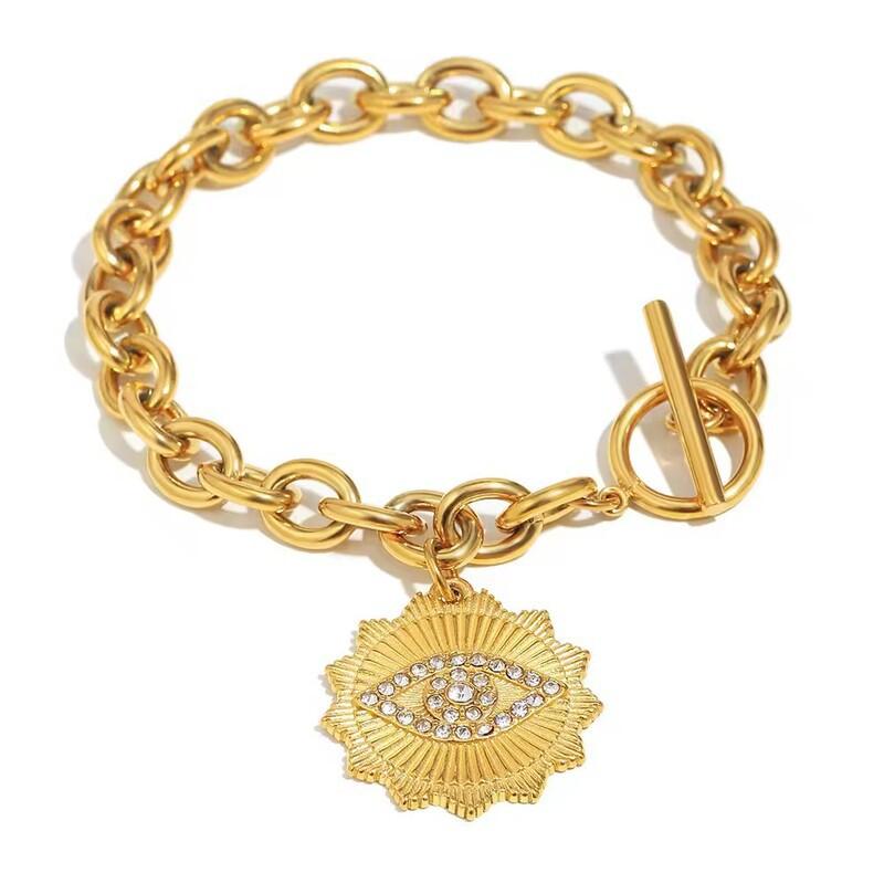 Womens Geometric Crystal-Embellished OT Clasp Eye Charm Bracelet 18K Gold Plated Titanium Steel Hypoallergenic Tarnish-Resistant Gold