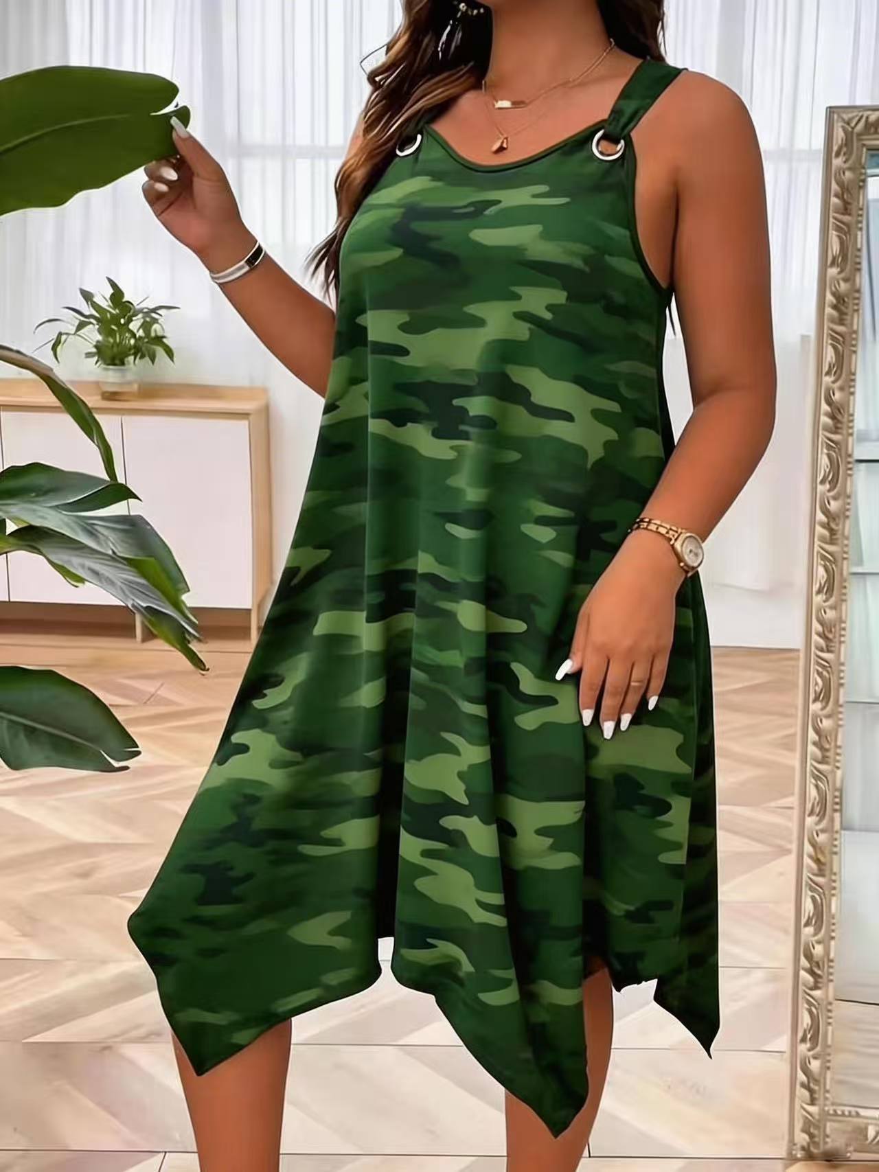 

Plus Size Camo Print Dress Womens Sleeveless Camouflage Tank Dress Irregular Hem Casual Summer Midi Dress 5XL зелений