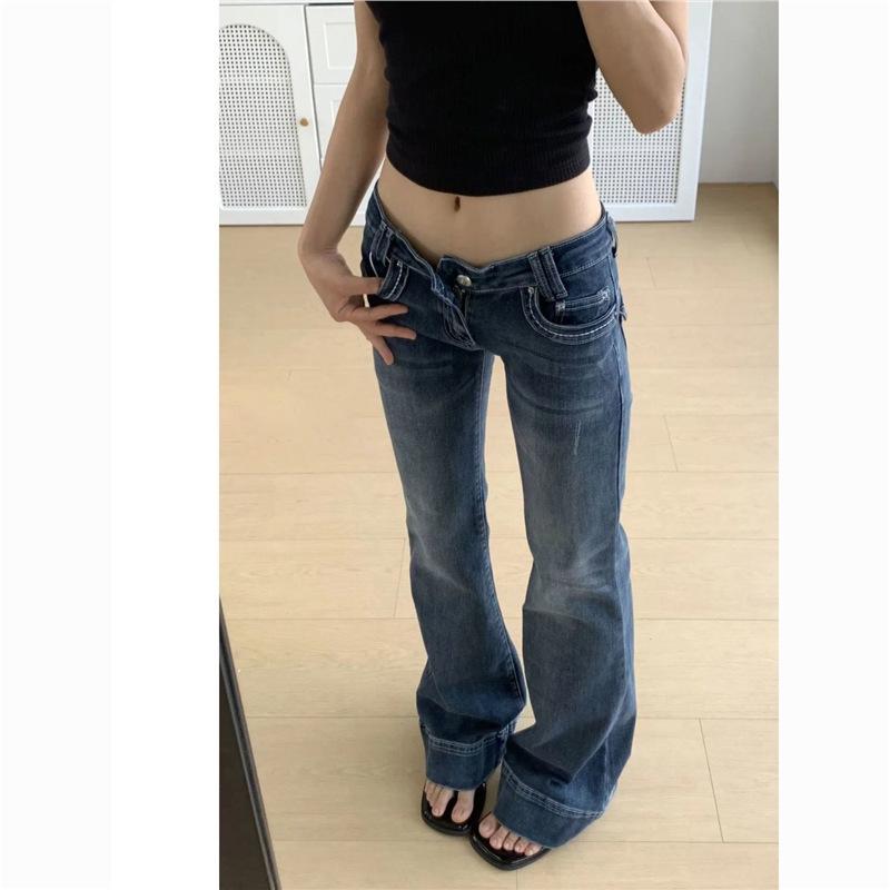 Women's Dark Low-Rise Micro-Flare Jeans: Versatile, Stretchy, Slimming, Retro Style, Bell Bottom Pants