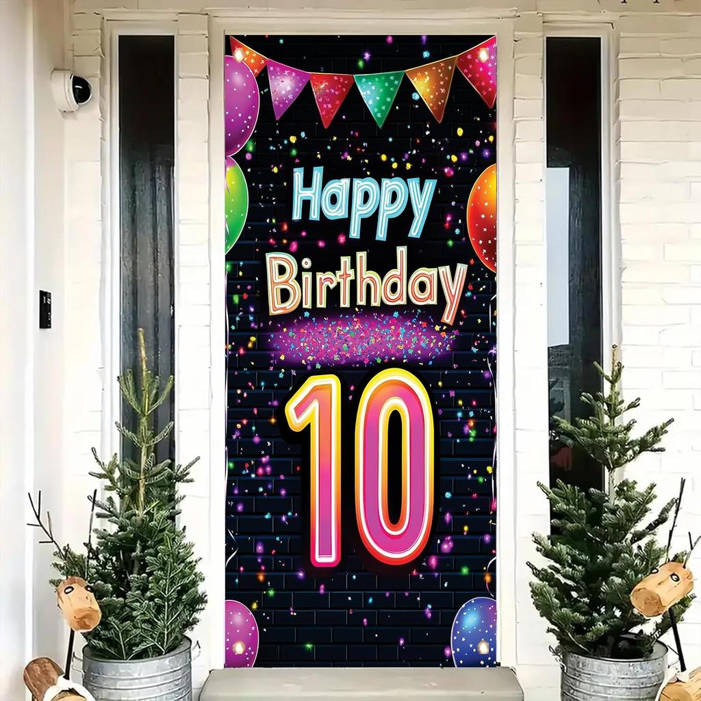 10th Birthday Door Cover Decoration 71 x 35 Inch Colorful Balloons and Lights Banner for Kids Happy Tenth Birthday Party Supplies Photo Backdrop Wall