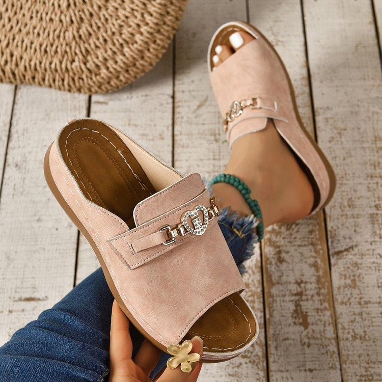 Foreign trade large size summer new slope heel thick-soled slippers metal decoration Roman style fish mouth beach cool slippers