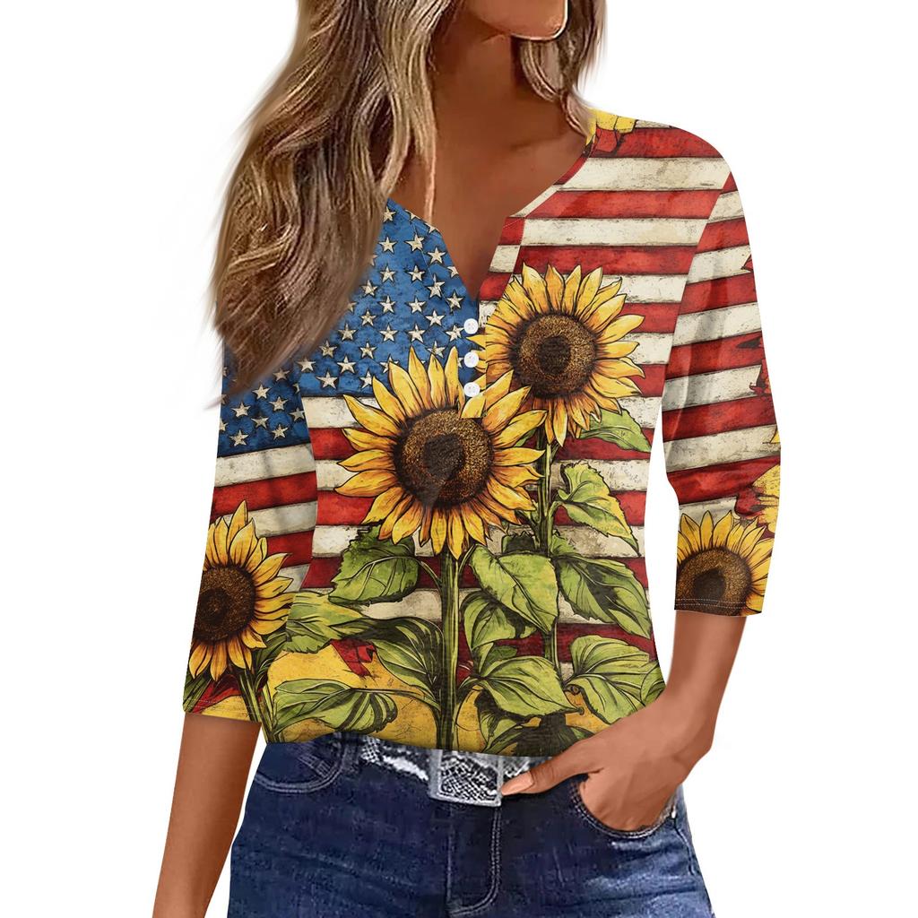 Women's T Shirt Tee Print Button 3/4 SleeveDaily Weekend Fashion Basic V- Neck Regular Top