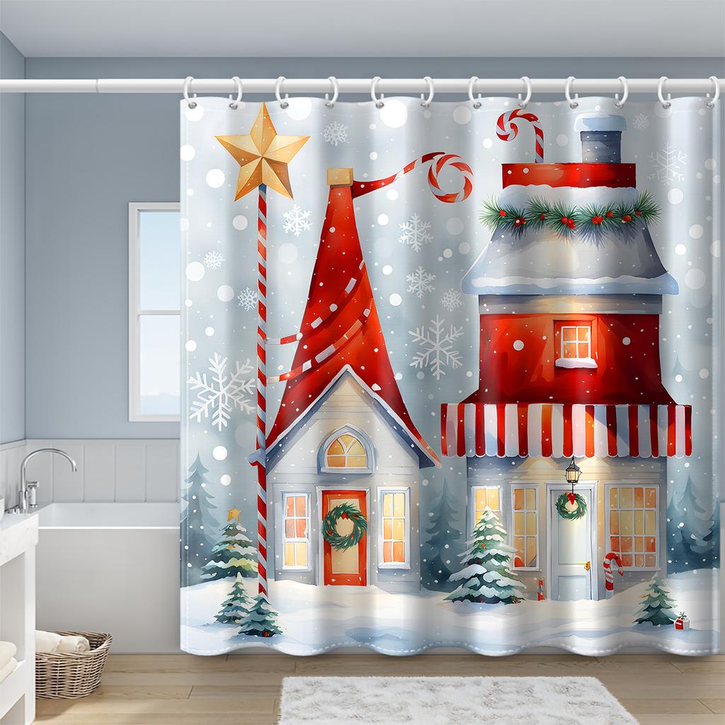 1 Piece of Red Hat Santa Claus Print with Plastic Hook Shower Curtain, Winter Christmas Bathroom Partition Curtain
