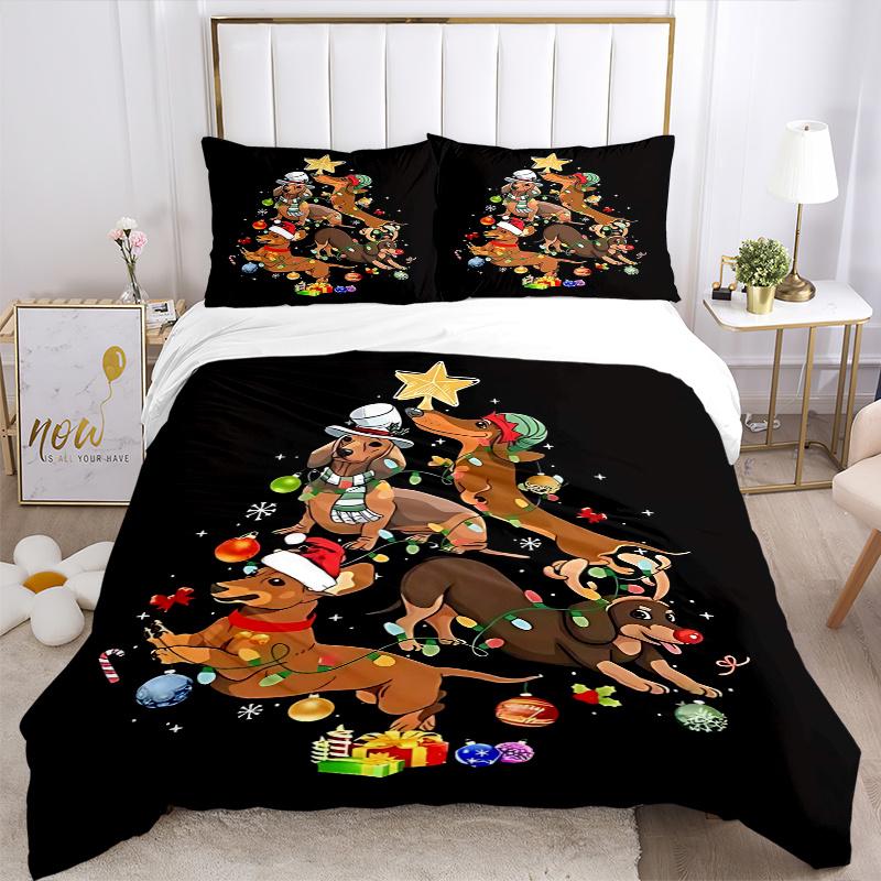 3pcs Christmas Tree Dachshund Dog Holiday Comforter Set with 1 Quilt Cover and 2 Pillowcases (No Core), Bedroom and Guest Room
