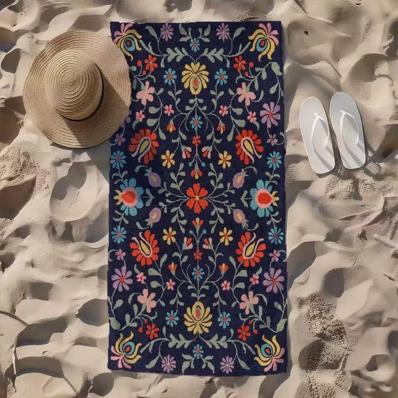 Pastoral Art Deer Floral Print Beach Towel Colorful Botanical Pattern Quick Dry Soft Absorbent Sand Free Towel for Summer Travel