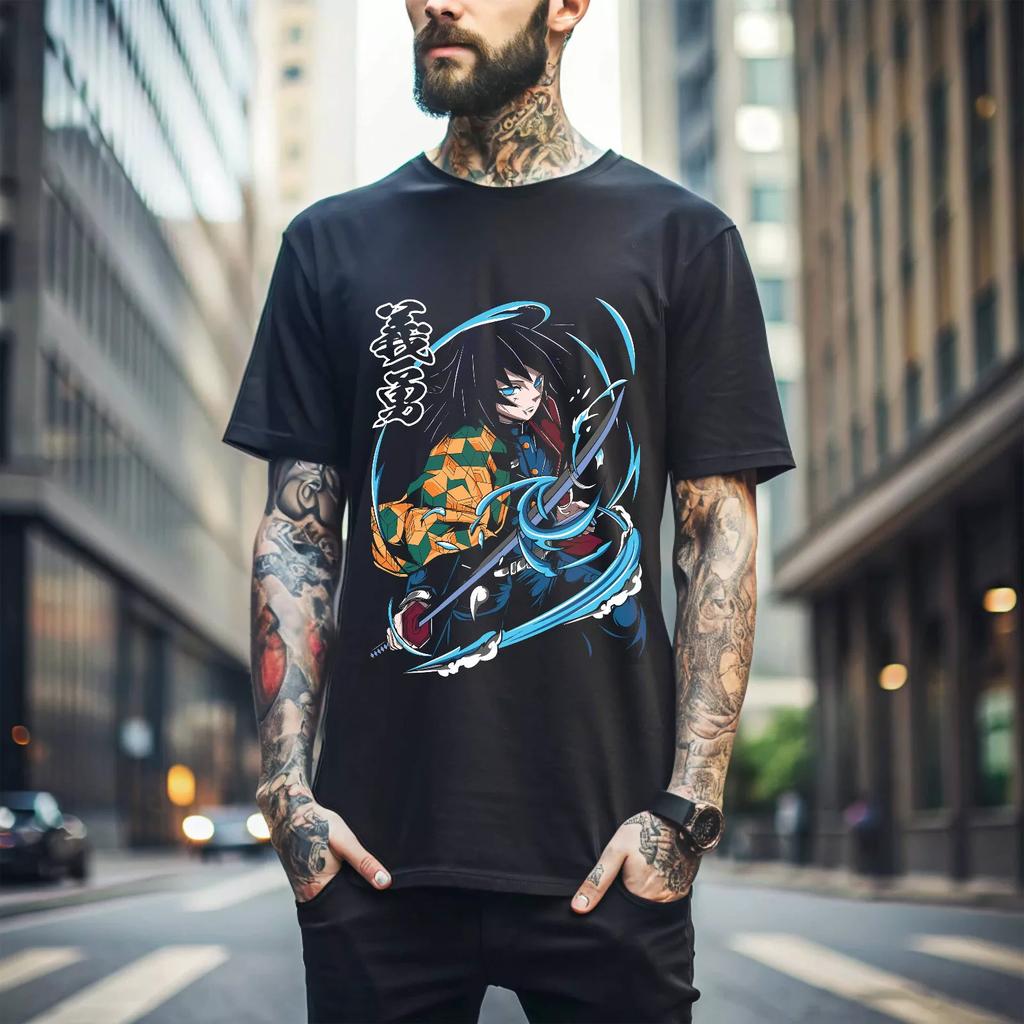 100% Cotton TOPS UNISEX TEES MENS WOMENS Giyu Tomioka T-Shirt Demon Slayer Kimetsu No Yaiba Anime Black Shirt Gift 092