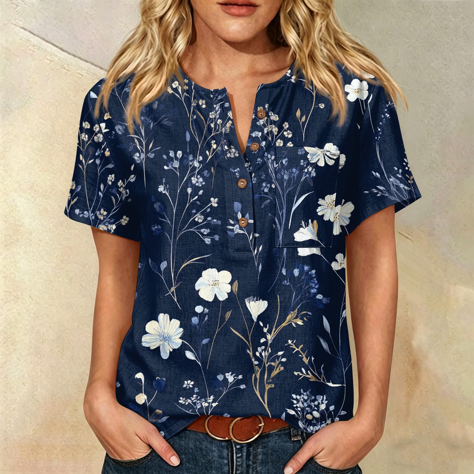 

Women’s Fashion Printed Shirt Cotton Linen Short Sleeve Henley Neck Button Front Pocket Design Loose Fit Top for Daily Wear XL синій