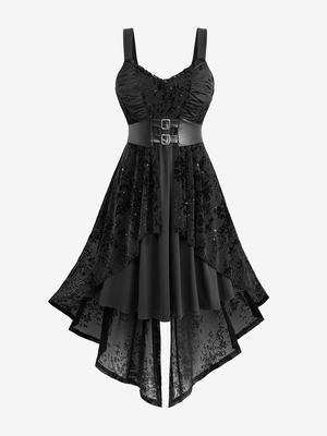Rosegal Plus Size Třpytivé Květinové Vločkované Ruched PU Panel S páskem s dělenou vrstvou Vysoké Nízké Asymetrické A Line Tankové šaty