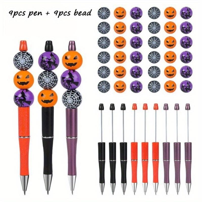 

9PCS Black Purple Orange Halloween Pumpkin Horror Theme DIY Beaded Ballpoint Pen&Wooden Bead Pendant Set, Office Study Supplies Random style