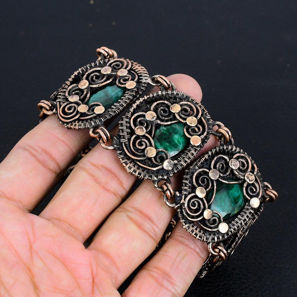 Emerald Bracelet Gemstone Jewelry, 999 Copper Wire Wrapped Adjustable Chain Bracelet, Gift For Women Handmade Bracelet