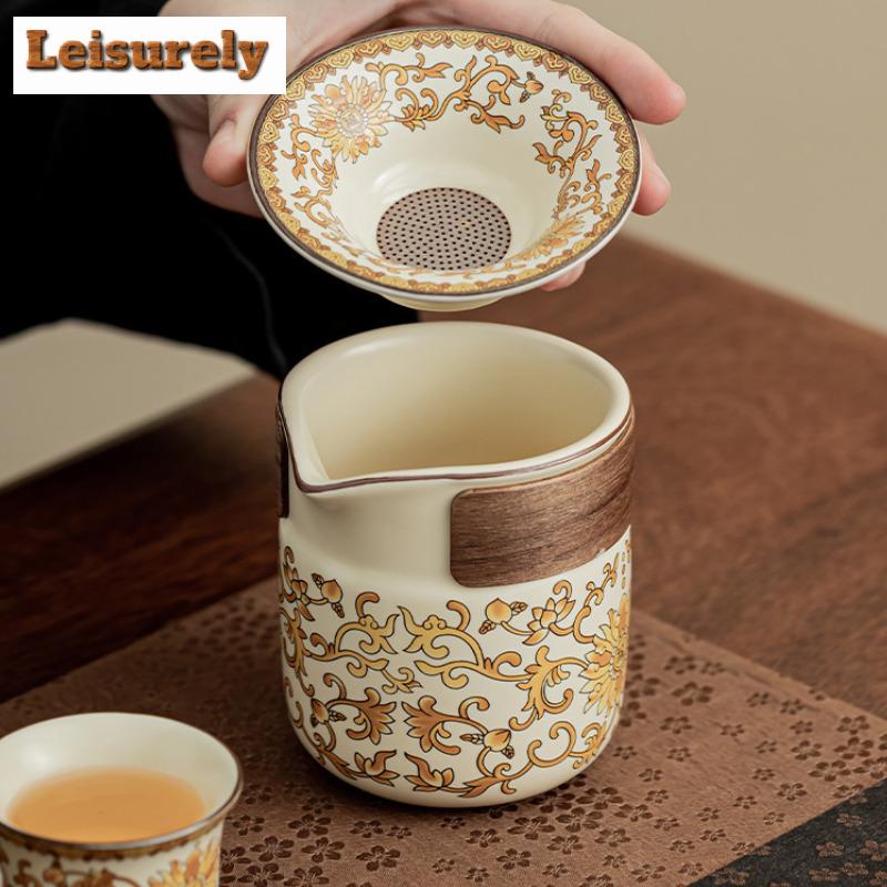 Ru Kiln Golden Flower Blessing Tea Set Complete Set Aesthetic Tea Ceremony Set Teapot and Tea Cup Set Chinese Tea Set Ornaments