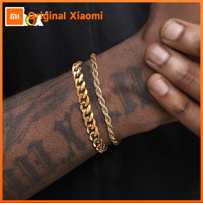 Xiaomi Vnox Basic Men's Cuban Twist Rope Chain Bracelets 1/2/3Pcs in One Set, Gold Color Stainless Steel Figaro Wheat Links