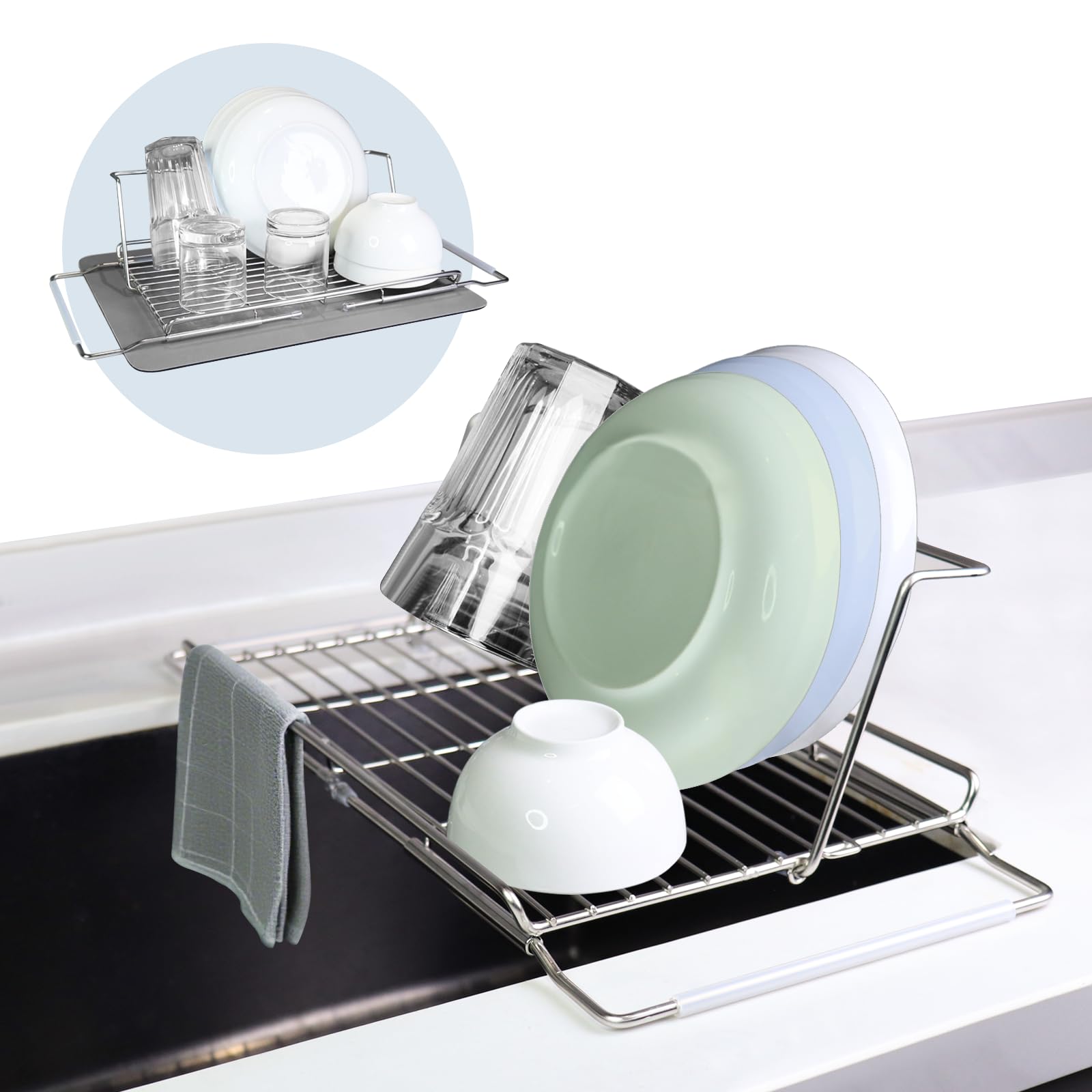 

Mamakura 2-Way Expandable Dish Drainer, Dishwasher Safe (Adjustable from 44.6 to 55.4 cm), Foldable, Stainless Steel, with Non-Slip Silicone Included