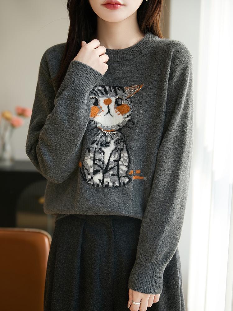 Women's Cute Cat Jacquard Sweater - Autumn/Winter, Slimming, Age-Reducing, Round Neck, Loose Fit Knit Top