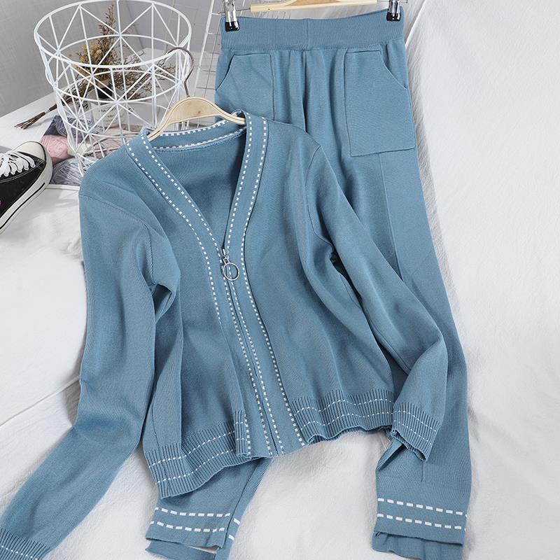 2ks/set Pletený oblek Ženy Módní Cardigan s výstřihem do V + Ležérní pletené kalhoty Dvoudílné dámské oblečení na jogging