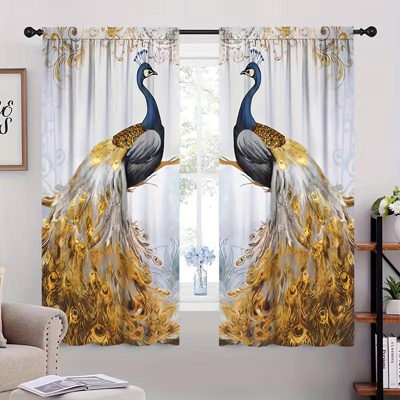 Golden Peacock Patterned Curtains Design Living Room Bedroomwindow Decoration Curtain Set Of 2 Made Polyester With Rod Pocket Washable Great Ready