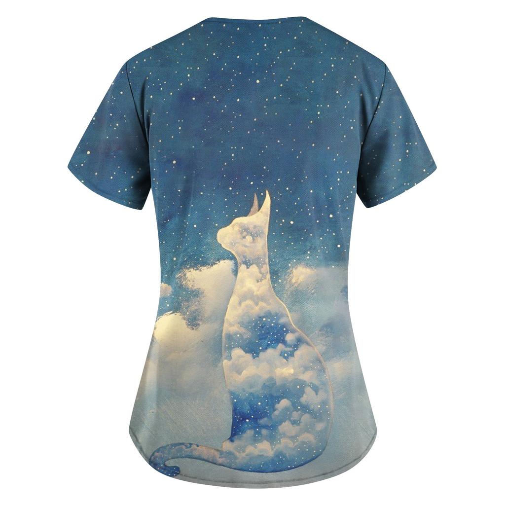 Women Printing Short Sleeve V-neck Tops Working Uniform Pocket Blouse