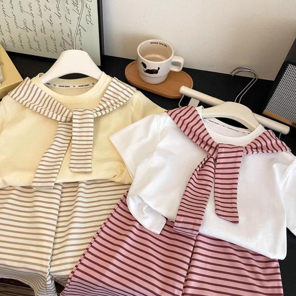 Mädchen Dopamin Gestreifter Schal & Weitbein Hose Set - Sommer 2025 Kollektion