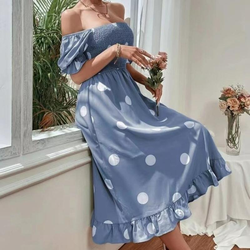 Women's Large Polka Dot Peplum Short Sleeved Dress Female Slim Frilly Sweet Dress