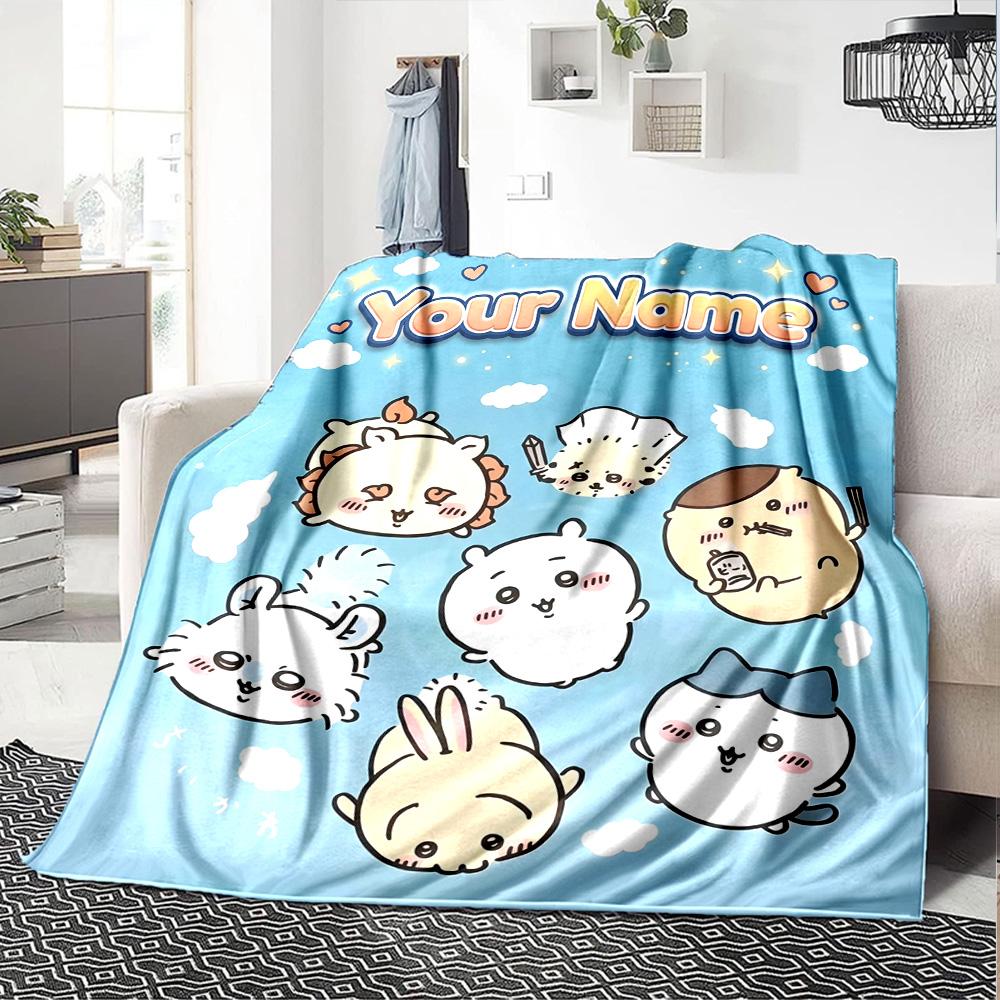 1pc Chiikawa Blanket with Custom Name, Gift, for Men and Women, Soft Blanket, Good for Sofa Bed Couch Travel, Lightweight Flannel Blanket
