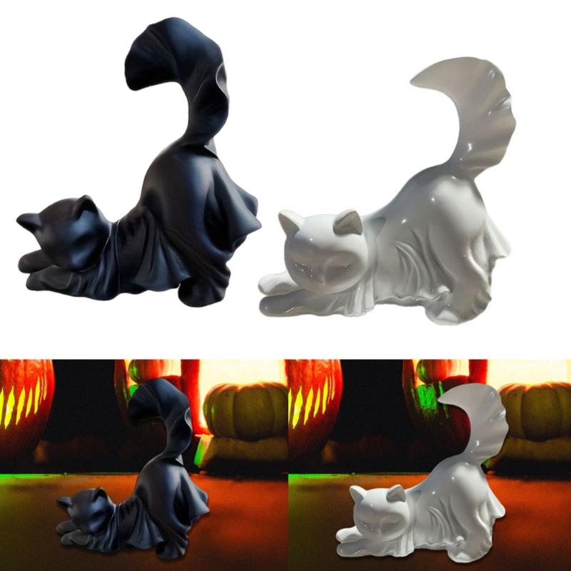 Ghostly Kitten Figurine Halloween Resin Animal Statue Decoration for Holiday Party Centerpieces Indoor and Outdoor Use