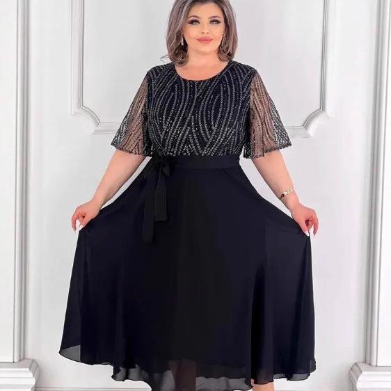 2025 Trendy Plus Size Women's Mesh Lining Dress with Five Sleeves