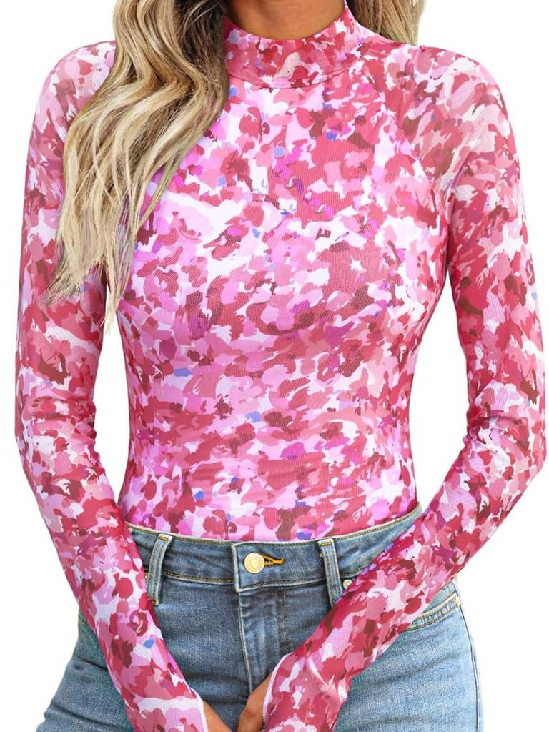 Turtleneck Long Sleeve Lace Floral Mesh Undershirt Top Women's