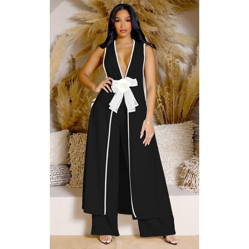 

Bow Deep V-neck Top and Pants Set Bows Deep V Neck Top and Trousers Suit Black G0690 XXL