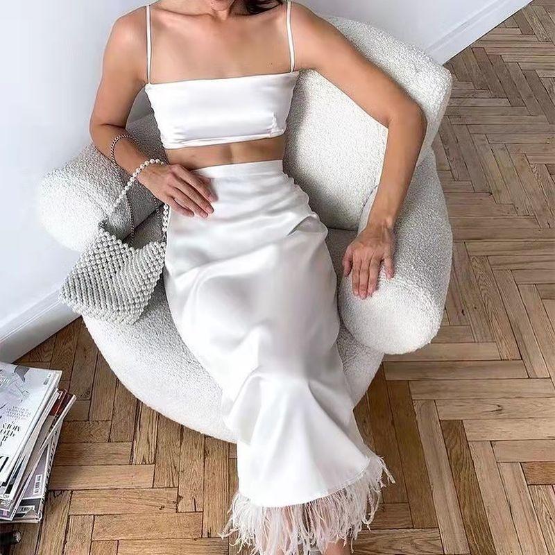 

European and American Imitation Silk Camisole+feather Skirt White L