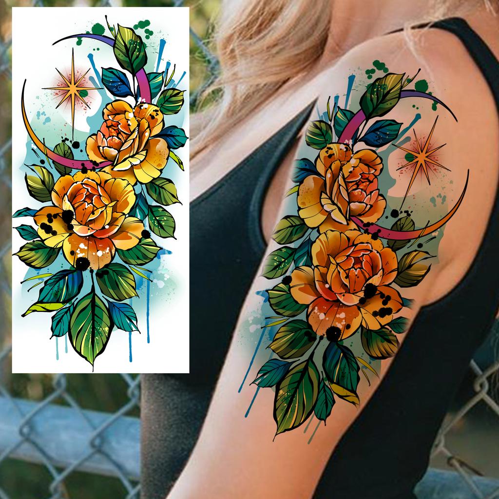 1 Sheet Butterfly Watercolor Flower Tiger Temporary Tattoos For Women Men Adults Fake Phoenix Parrot Lotus Tattoo Sticker Sleeve