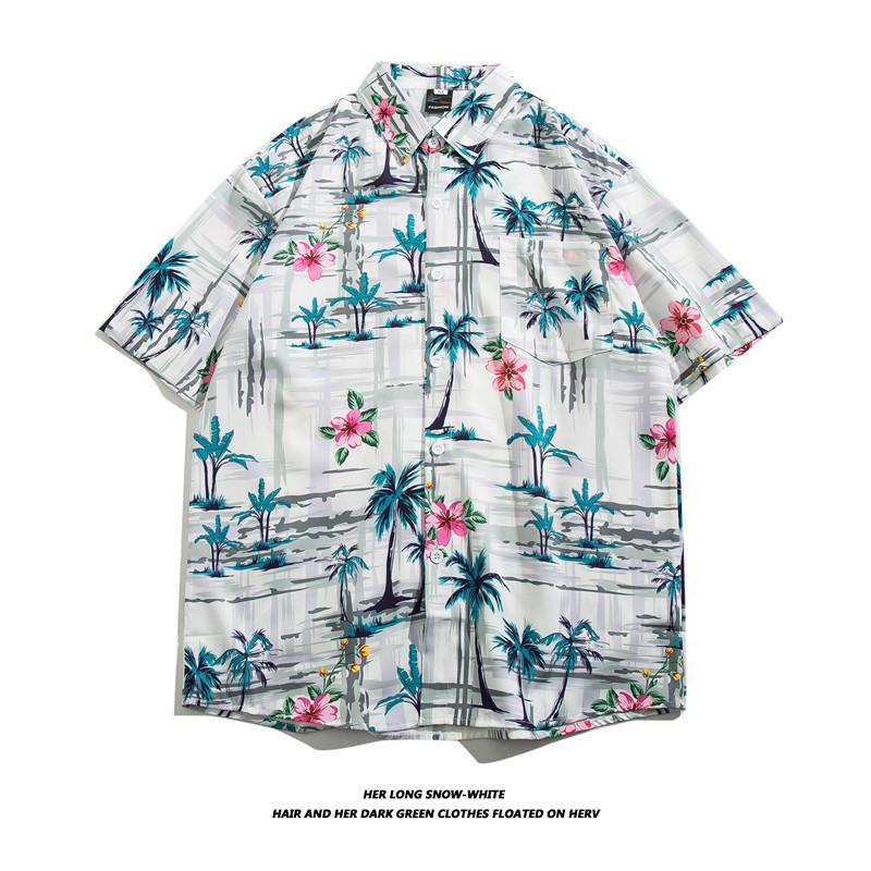 Hong Kong style short-sleeve shirt for men and women, couple's style, loose-fitting summer Hawaiian beach floral shirt