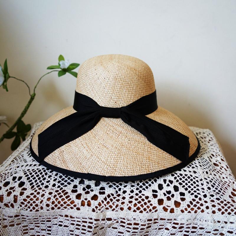 French Retro Hepburn Treasure Grass Woven Bell-Shaped Basin Hat Top Hat Women'S Summer Sunshade Sunscreen Vacation Beach Big Straw Hat