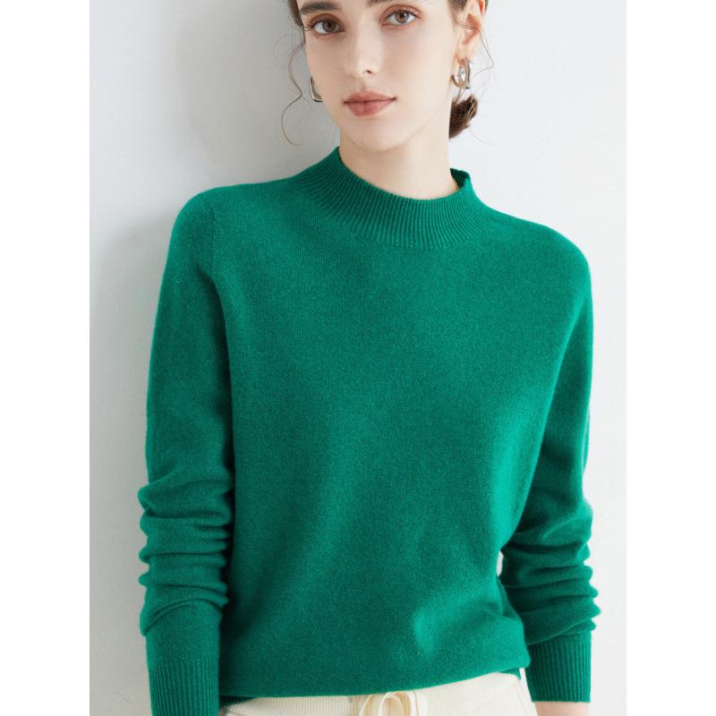 Women's Slim-Fit Autumn Sweater, Fashionable Half-High Neck, Versatile Pure Wool for Layering or Outerwear, Skin-Friendly.
