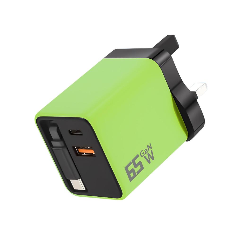 65W Gallium Nitride Charger with Retractable Cable for Apple Fast Charging